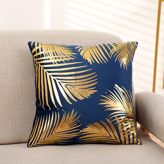 Gold Leaf Pattern Velvet Cushion Covers 18x18 Blue (1 pc)