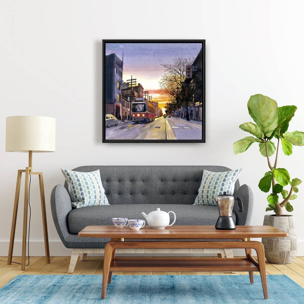 Sunset Streetscape To | Framed Print On Canvas 24" X 24"