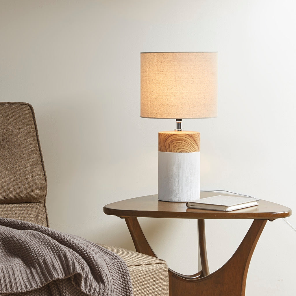 Mid-Century Wood Grain Table Lamp, Matte White