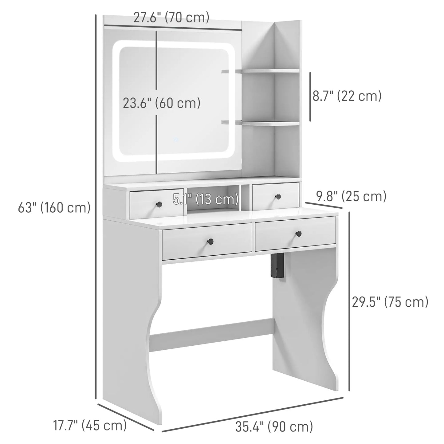 Vanity with Lighted Mirror, Charging Station, USB Ports, Drawers, Storage Shelves in White