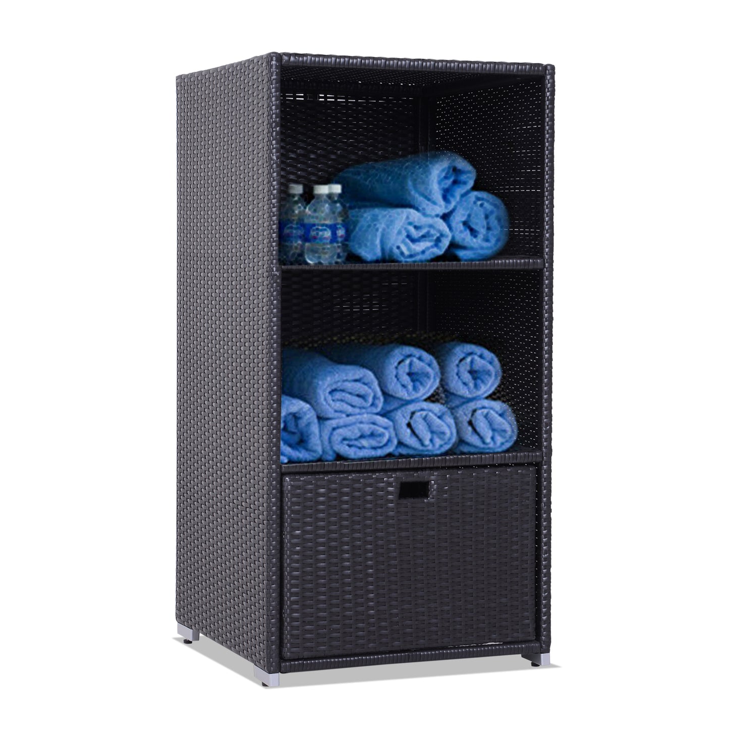 Outdoor Storage Cabinet Patio Storage Box Rack Rattan Wicker Pool Towel Valet Organizer Poolside Garden Lawn Bathroom Furniture Shelf w/2 Shelf 1 Drawer Garden, Dark Coffee