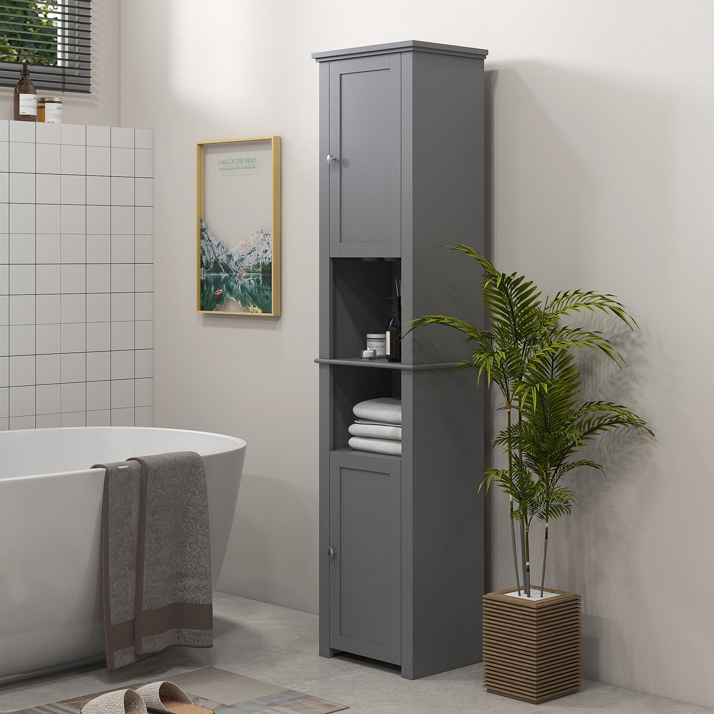 Tall Bathroom Linen Cabinet, Freestanding with Open Shelves and 2 Cupboards, Narrow Storage , Grey