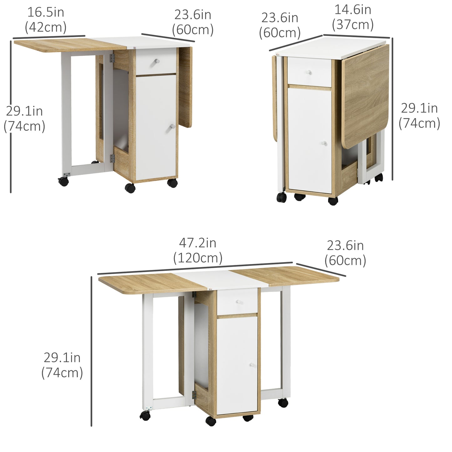 Foldable Dining Table, Movable Drop Leaf Table for Small Spaces with 2 Drawers