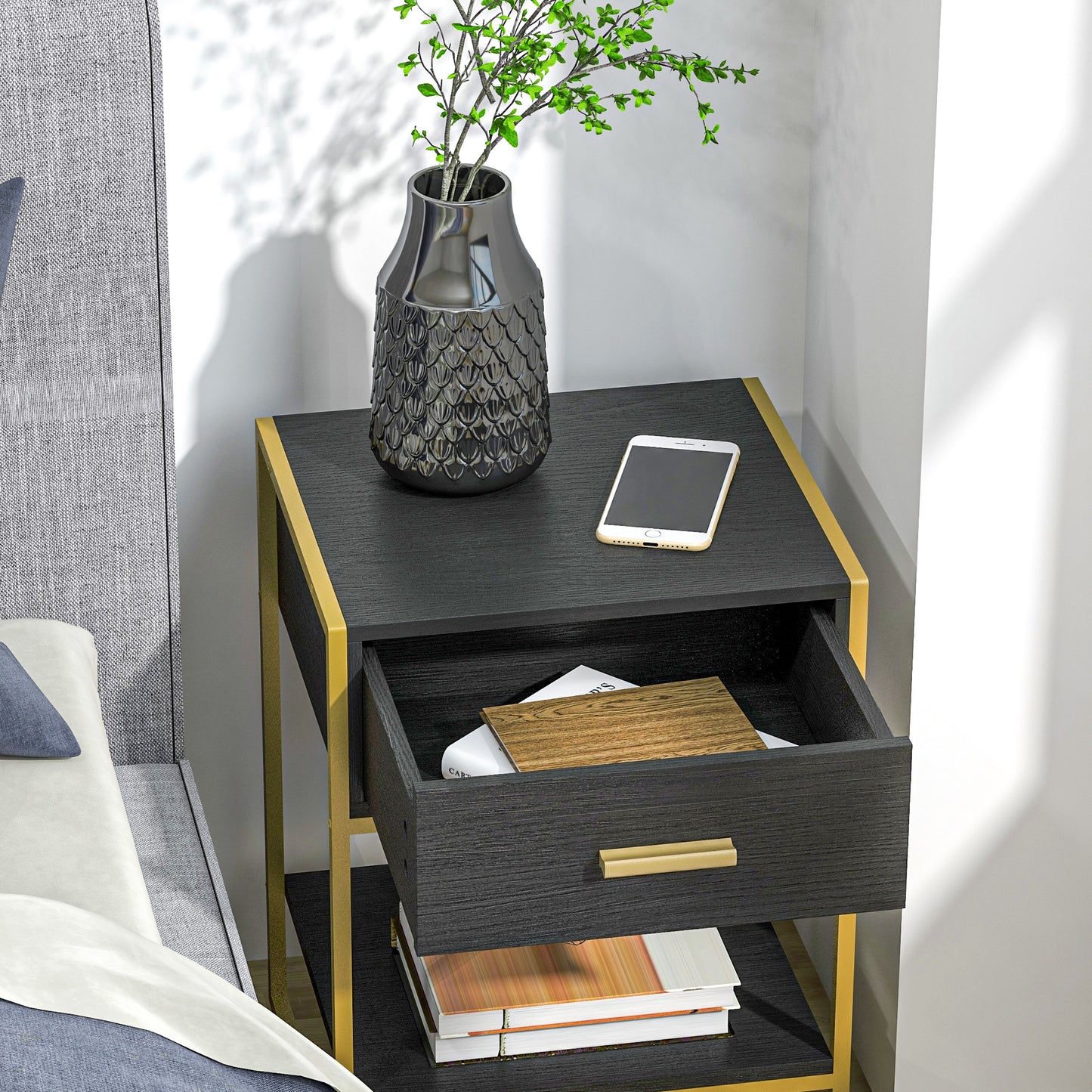 Modern Nightstand Set Of 2, with Drawer, Shelf and Steel Frame in Black