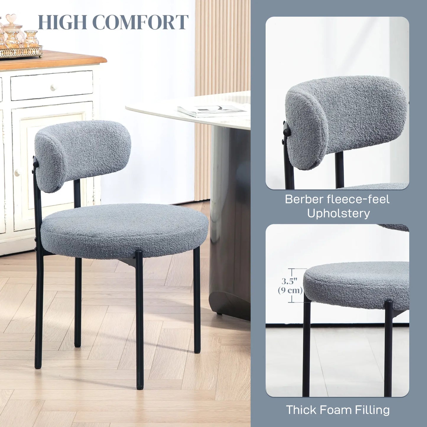 SET OF 2 Modern Dining Chairs w/ Berber Fleece Upholstery and Steel Legs , Grey