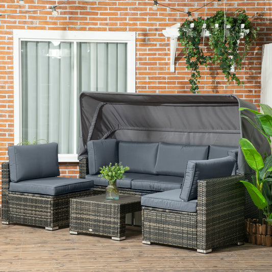 4 Pieces Patio Furniture Set, Rattan Wicker Outdoor Sectional Sofa with Retractable Canopy, Cushions, 3-Seater Sofa for Backyard, Garden, Gray