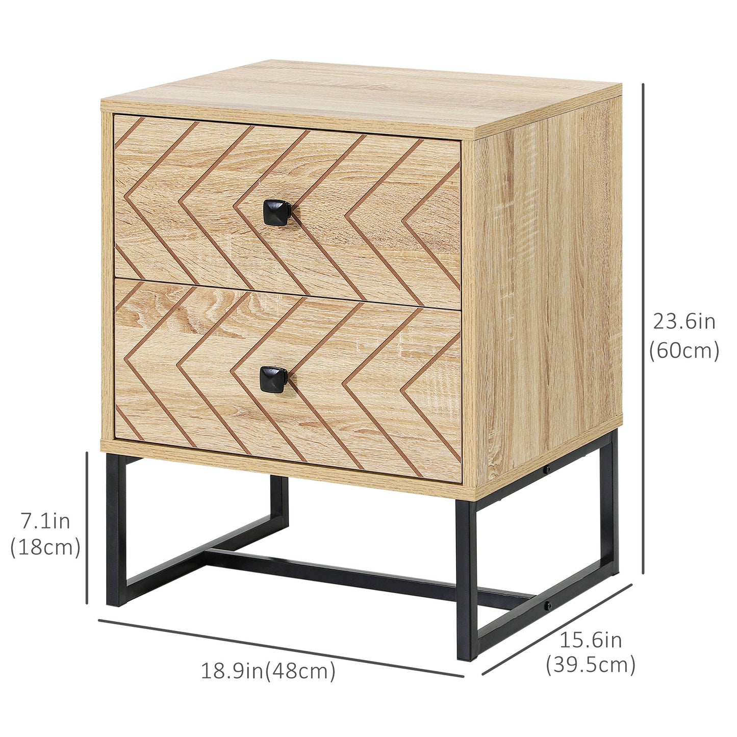 Modern Nightstand with Drawers, Side End Table with Metal Legs for Bedroom, Zig Zag Design, Natural