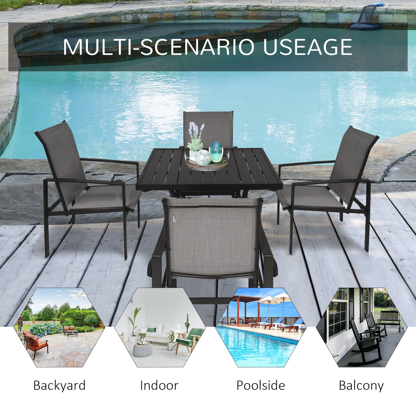 5pc Patio Garden Table Set Outdoor Furniture Dining Set w/ Metal Slat Finish and 1.75" Umbrella Hole for Backyard Porch, Grey