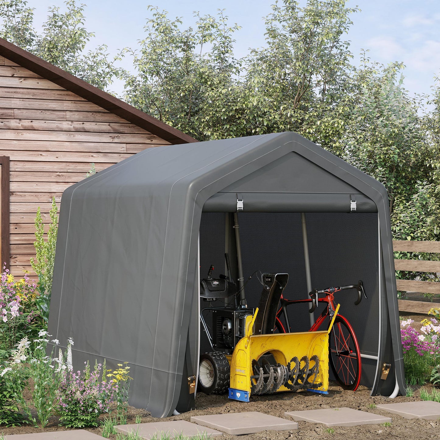 9.2' x 7.9' Garden Storage Tent, Heavy Duty Bike Shed, Patio Storage Shelter w/ Metal Frame and Double Zipper Doors, Dark Grey