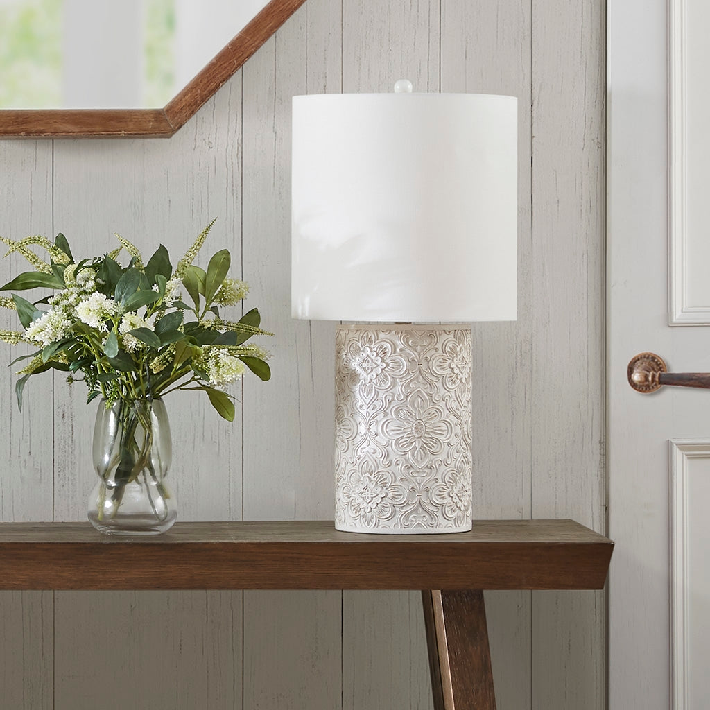 Dimmable Farmhouse Distressed Floral Table Lamp, Cream