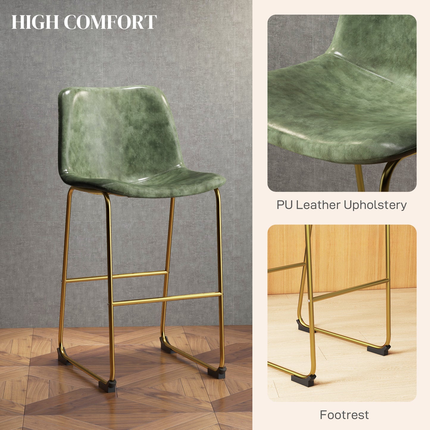 Bar Height Stools Set of 2, PU Leather Upholstered Stools for Kitchen Island, Modern Bar Chairs, Dark Green