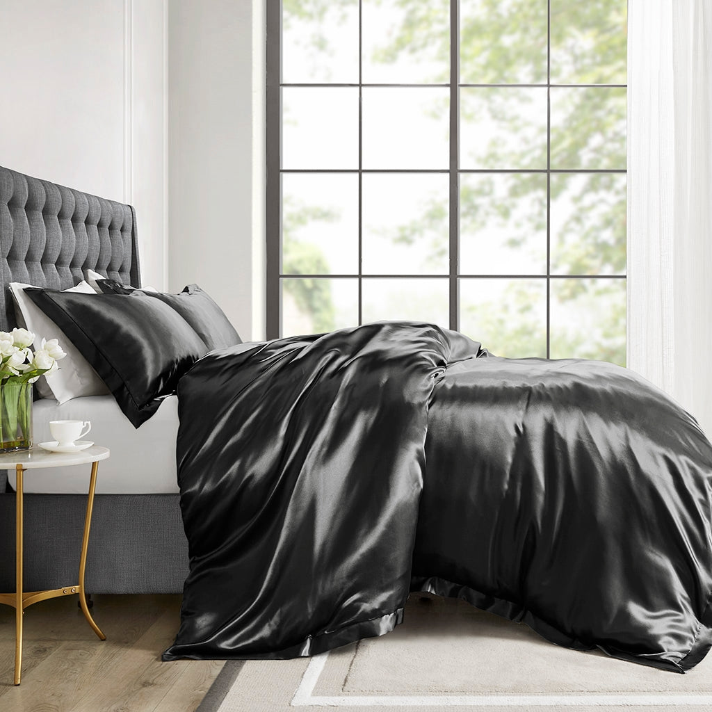 4 Piece Solid Satin Comforter Set, Black (Full/Queen)