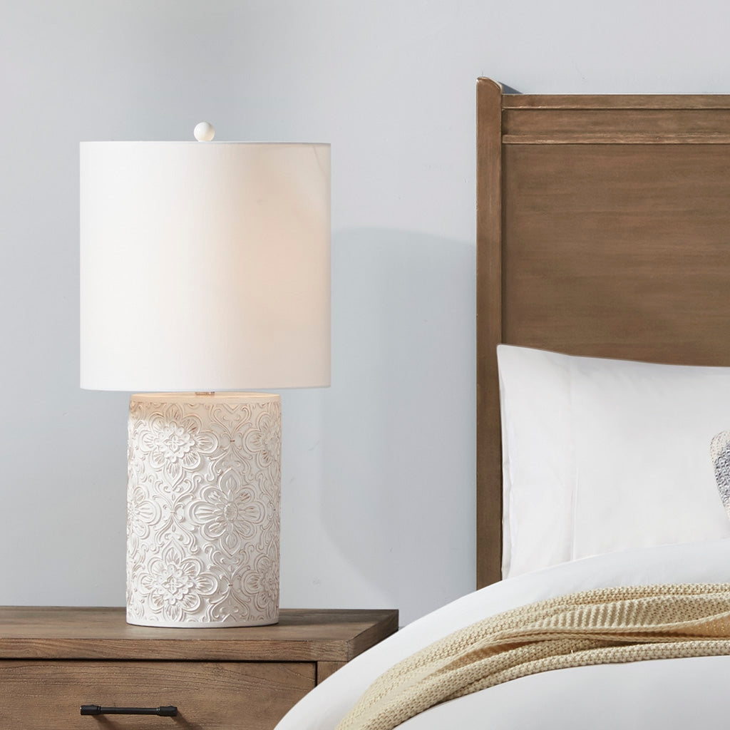 Dimmable Farmhouse Distressed Floral Table Lamp, Cream