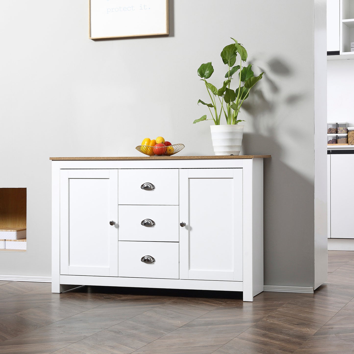 Modern Sideboard Cabinet or Kitchen Buffet Cabinet with 3 Drawers and Adjustable Shelves, Buffets Tables, White