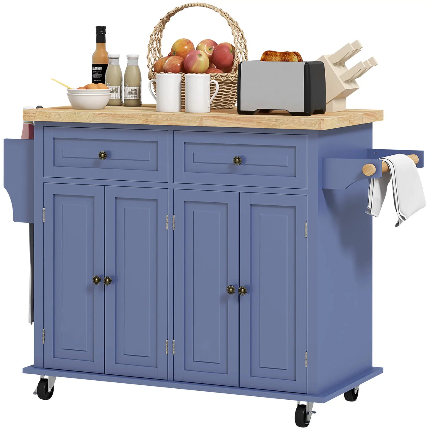 Kitchen Island with Storage, with Rubber Wood Top, Spice Rack, Towel Rack, Navy Blue