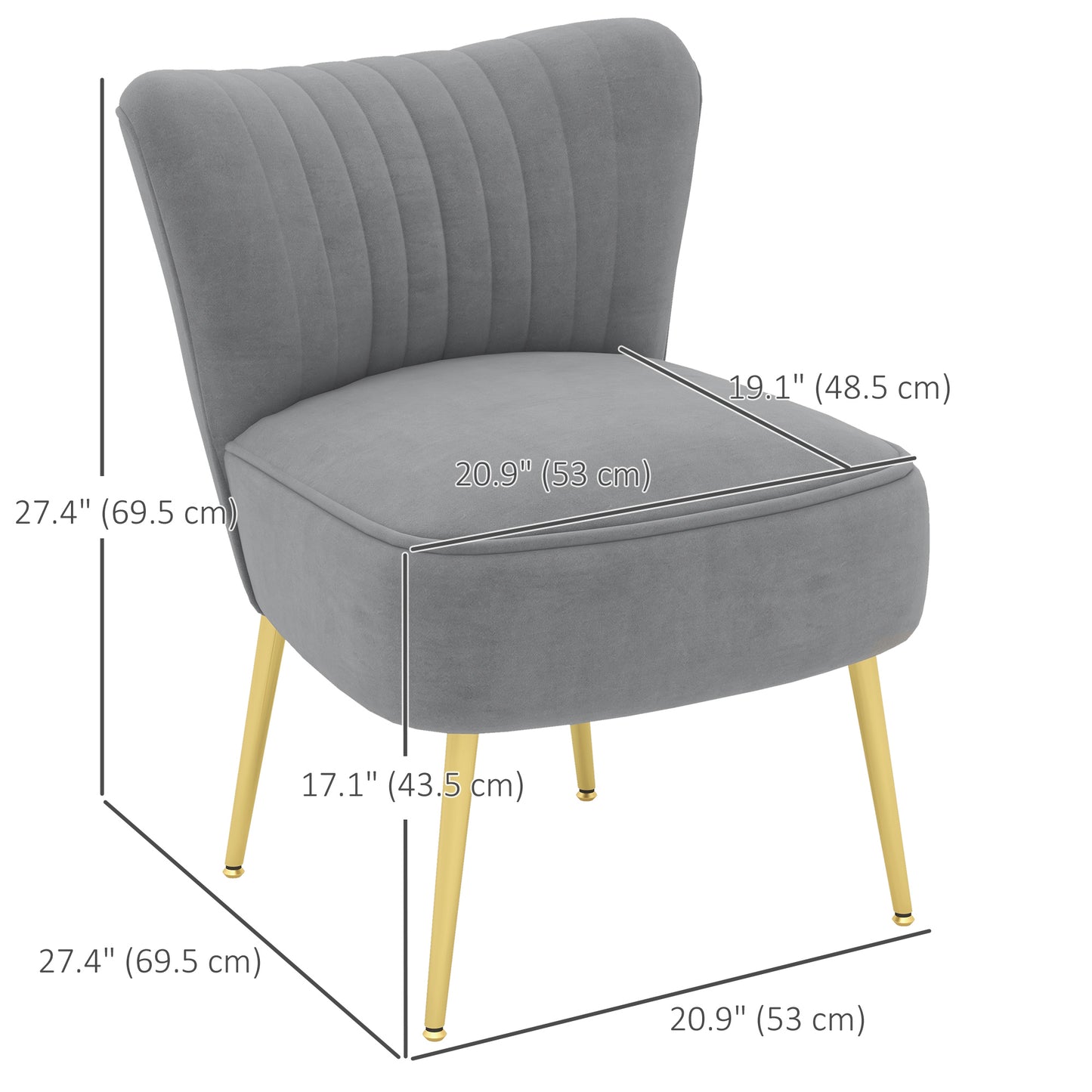 Velvet Lounge Chair, Modern Accent Chair for Living Room with Gold Steel Legs and Tufting Backrest, Grey