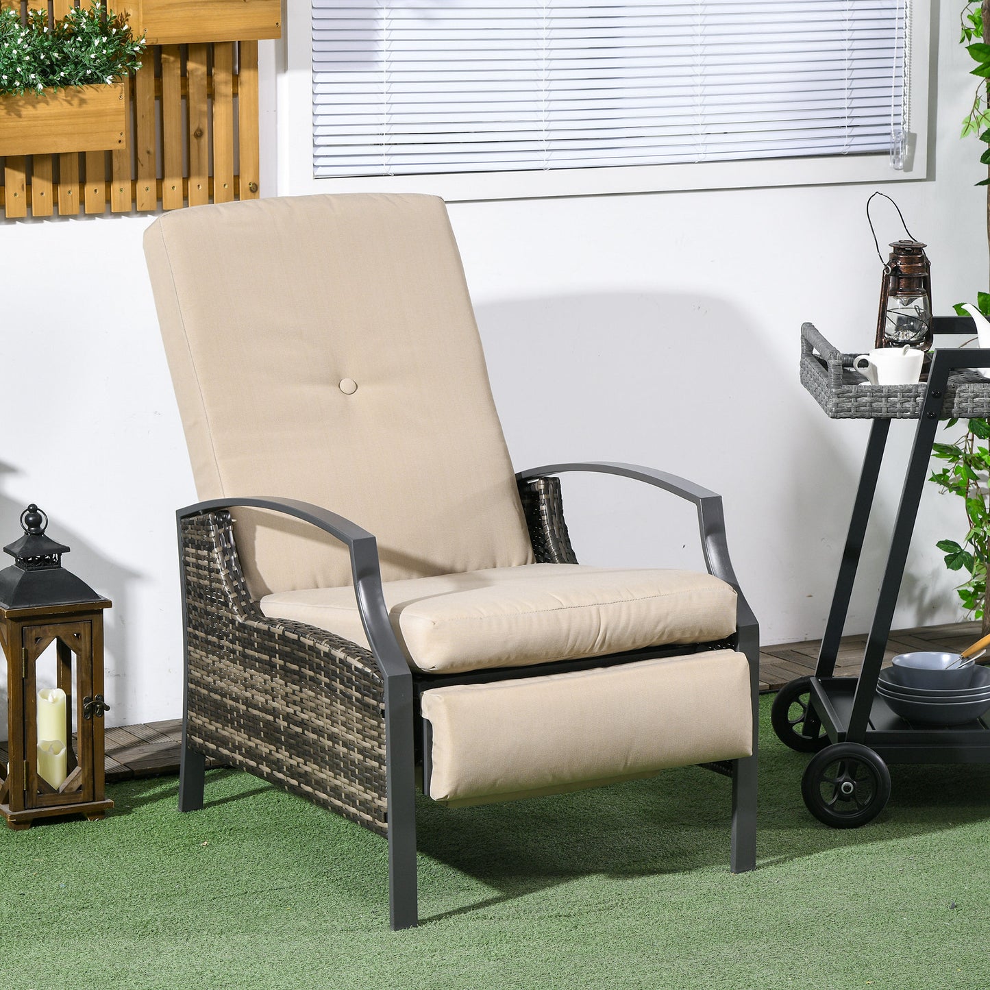 Rattan Recliner Chair for Outside Wicker Reclining Chair with Adjustable Back Retractable Footrest Cushion Khaki