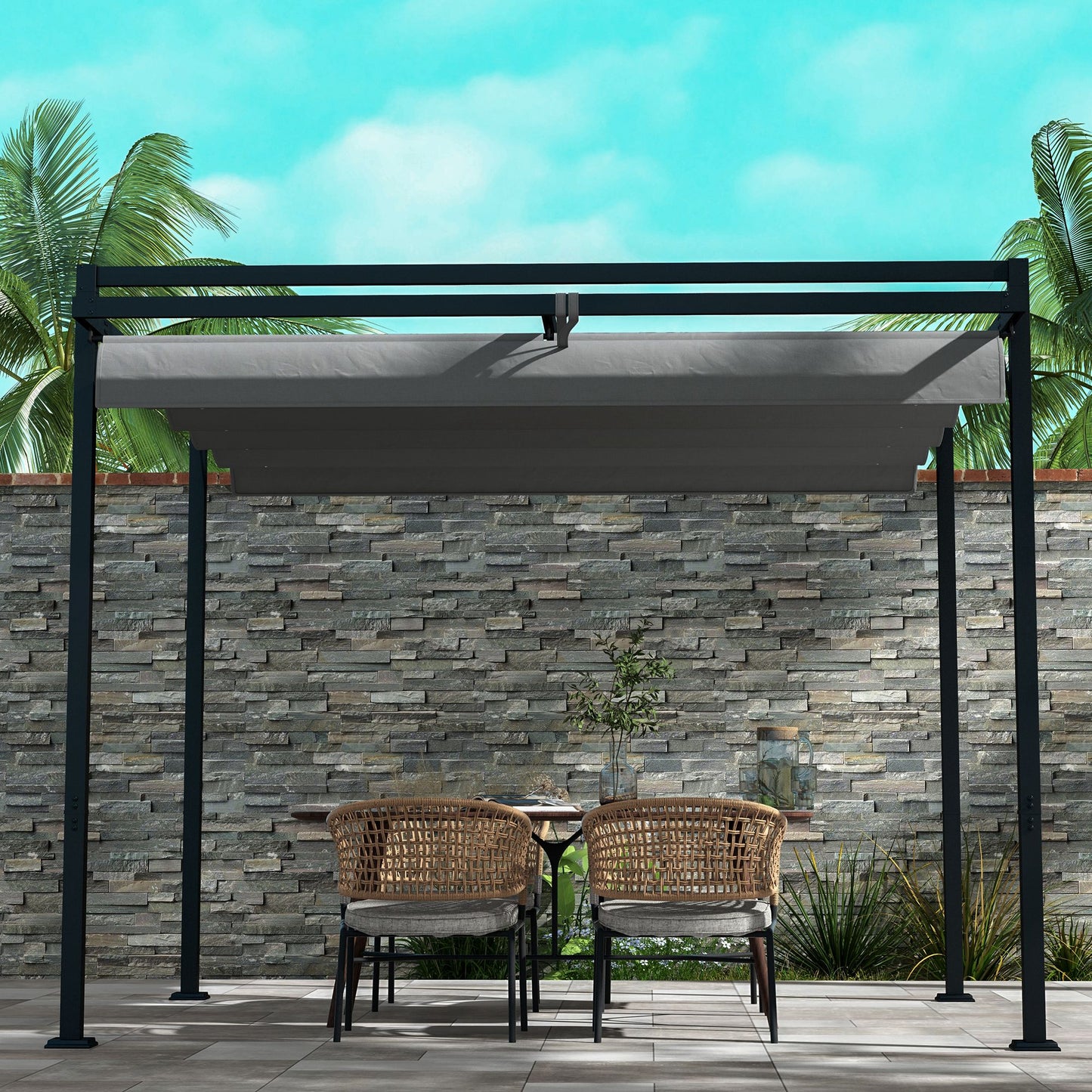 10' x 10' Retractable Pergola, Garden Gazebo Shade Shelter, for Grill, Patio, Deck, Dark Grey