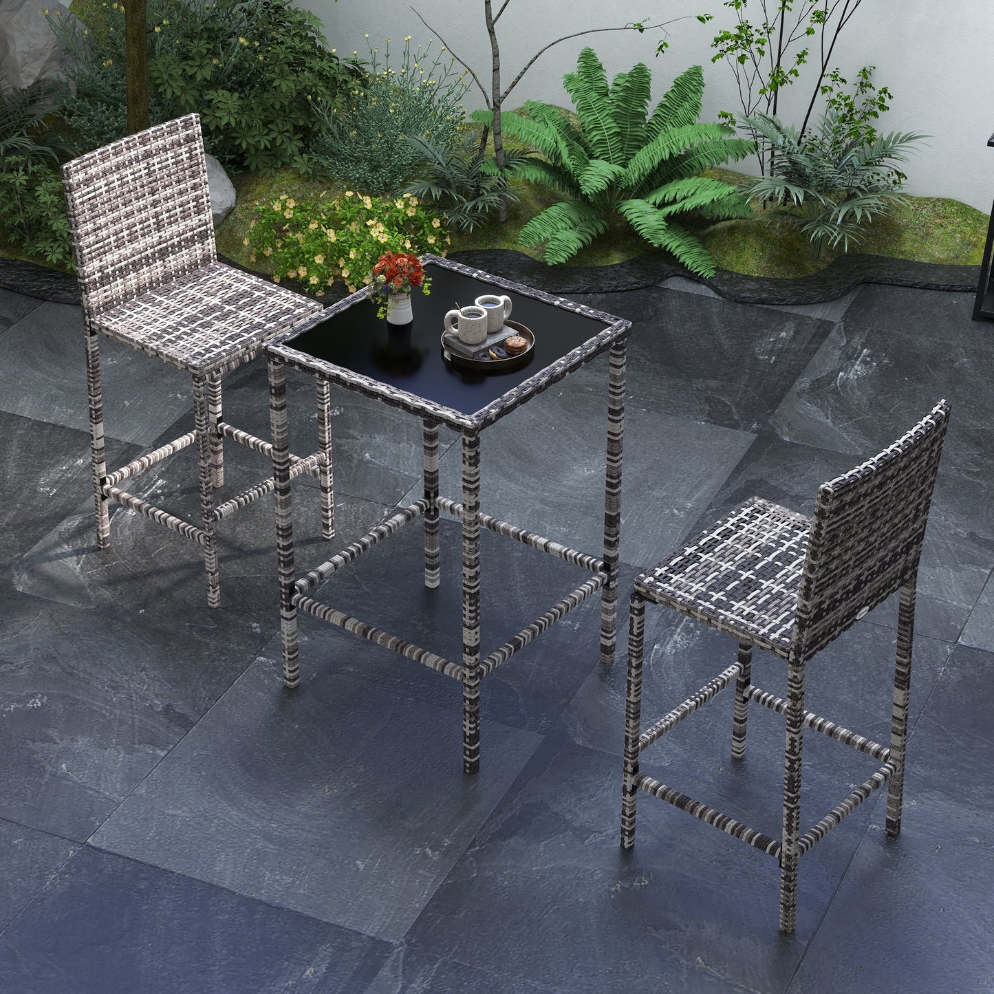 3 Piece Patio Bar Set Wicker Rattan Garden Bistro Set Barstool and Table for Patio Backyard Balcony Poolside, Grey