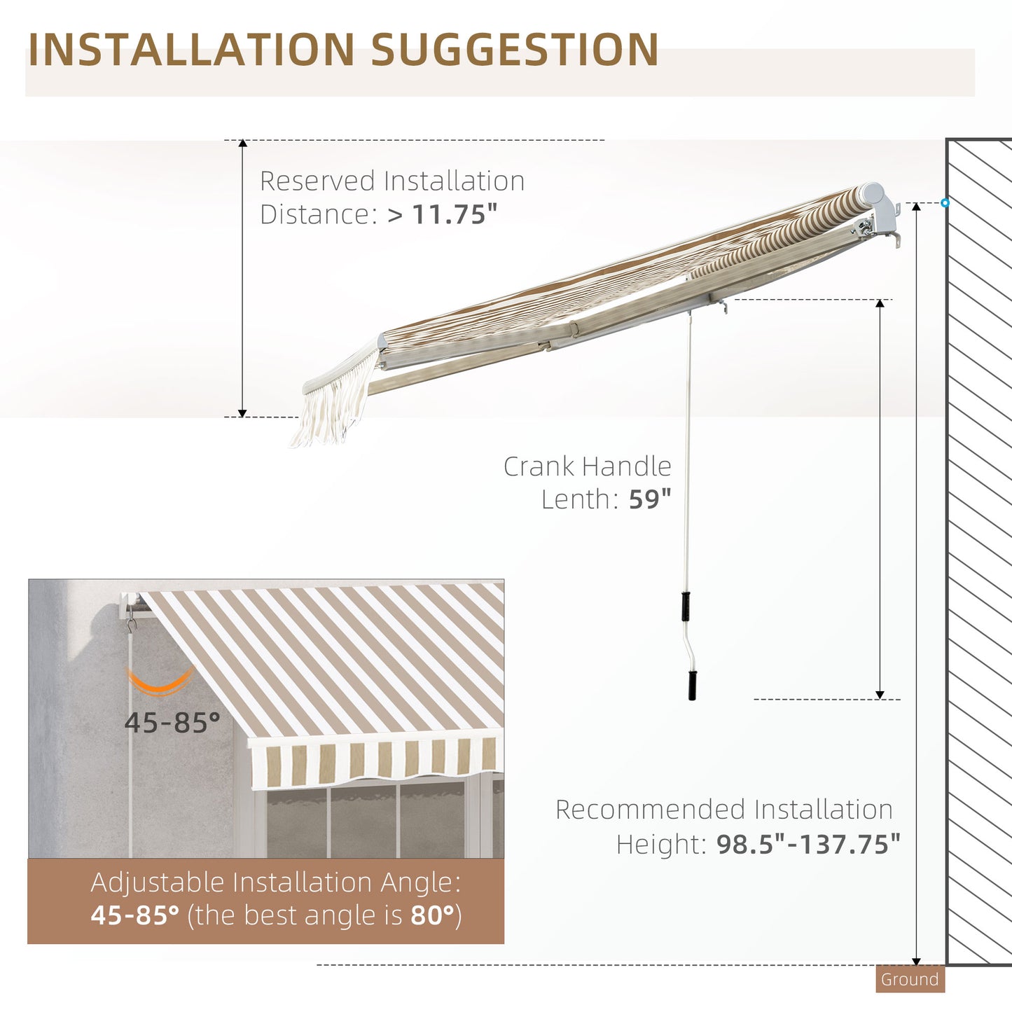 Outsunny 12' x 10' Retractable Awning Patio Awnings Sun Shade Shelter with Manual Crank Handle, 280g/m² UV & Water-Resistant Fabric and Aluminum Frame for Deck, Balcony, Yard, Beige and White