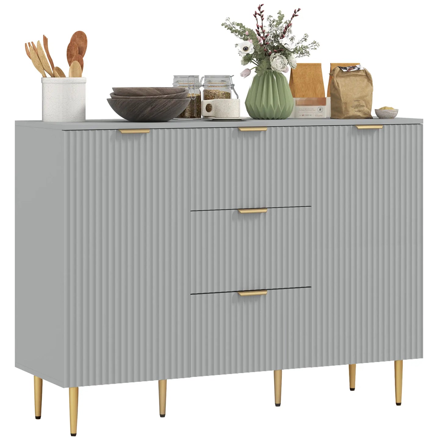 Sideboard Buffet Cabinet w/ 3 Drawers and Adjustable Shelves for Kitchen Hallway, Grey