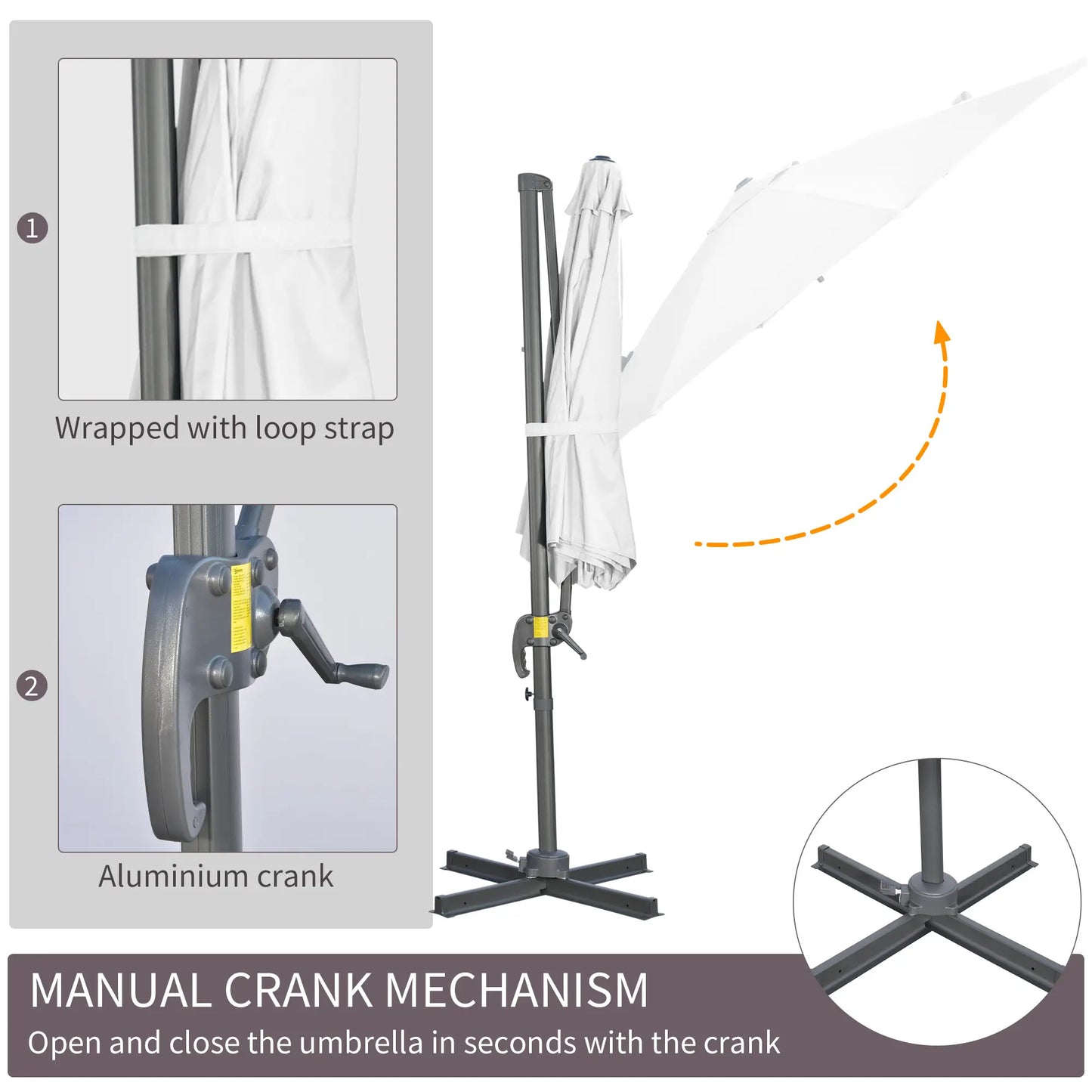 9.6' Cantilever Patio Umbrella Outdoor Hanging Offset Umbrella with Cross Base 360° Rotation Aluminum Poles White