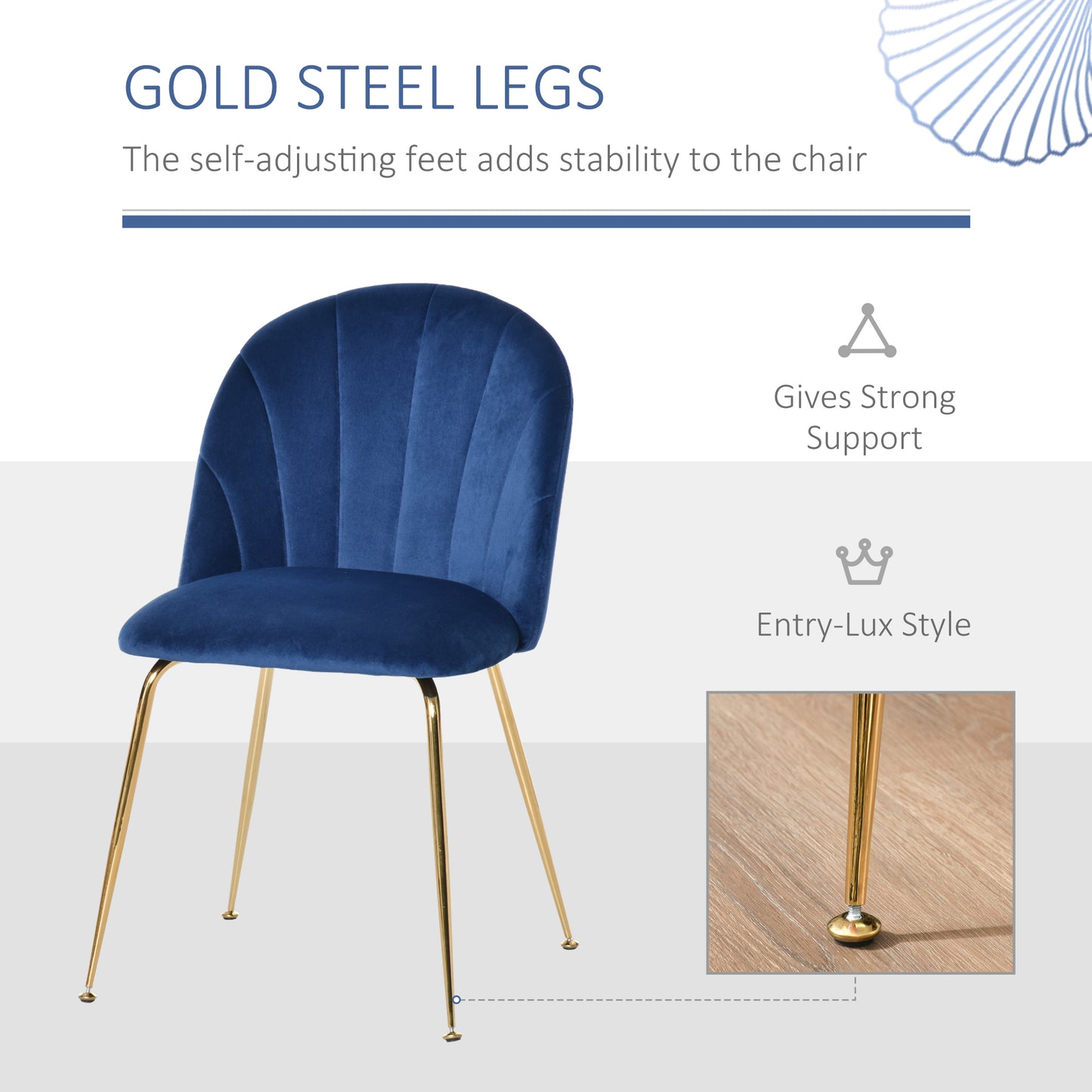 Modern Dining pr accent Chairs Set of 2, Upholstered, with Gold Metal Legs in Blue