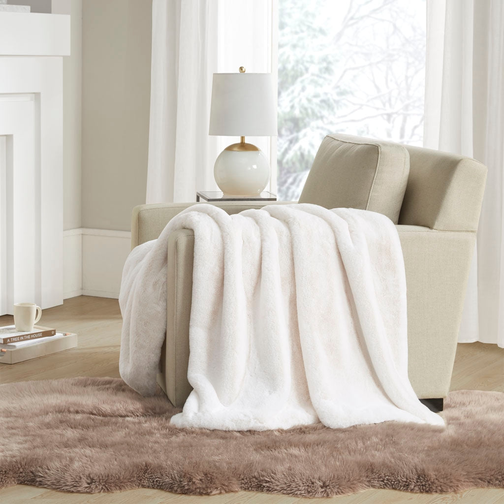 Vegan Premium Faux Fur Throw with Velvet Reverse, Ivory