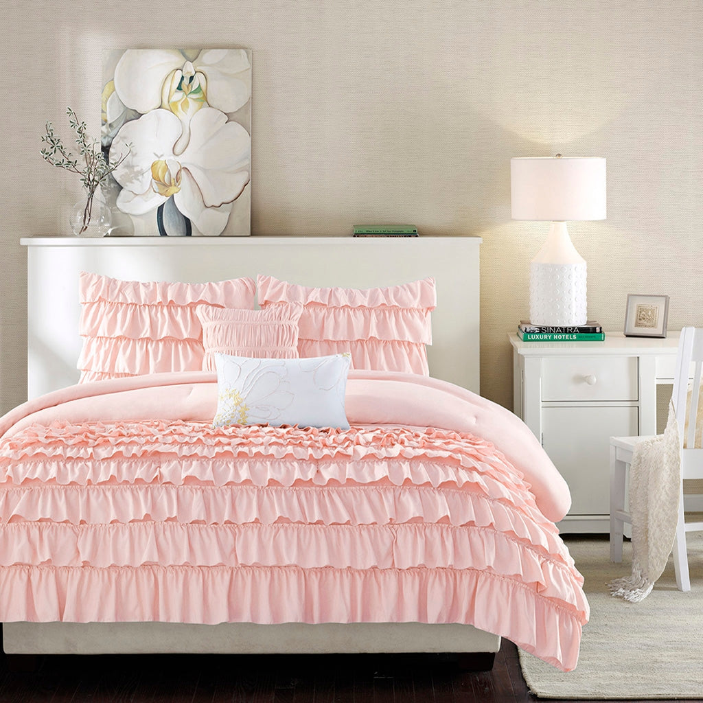 Ruffled Flow 5-Piece Comforter Set, Blush Pink FULL/QUEEN