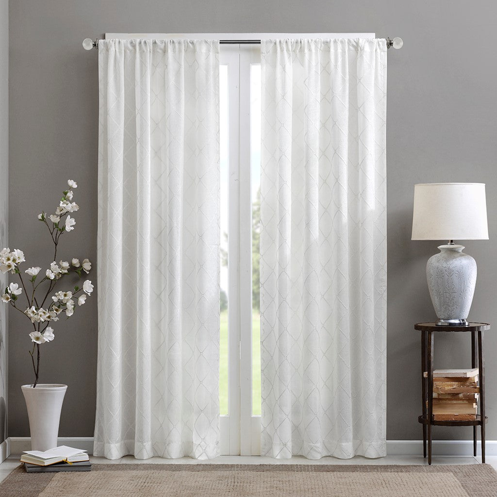 Embroidered Diamond Sheer Window Panel, White (ONE SINGLE PANEL)