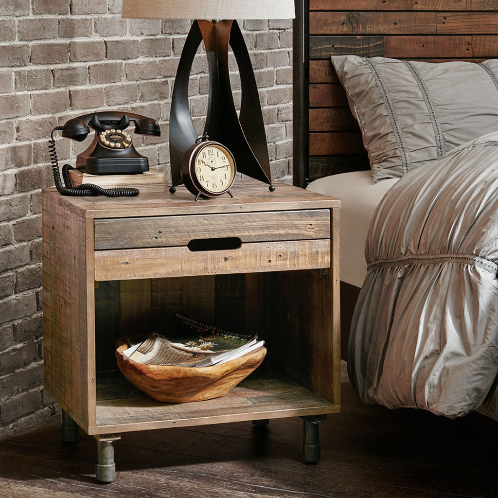 Industrial Wood Nighstand with Drawer and Storage, Light