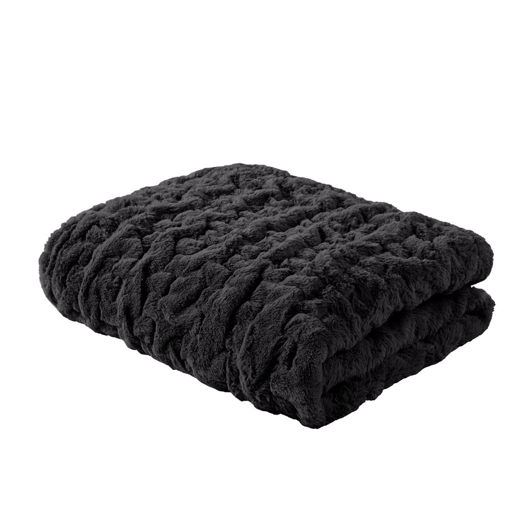 Ruched Long Fur 50x60" Throw Blanket, Black