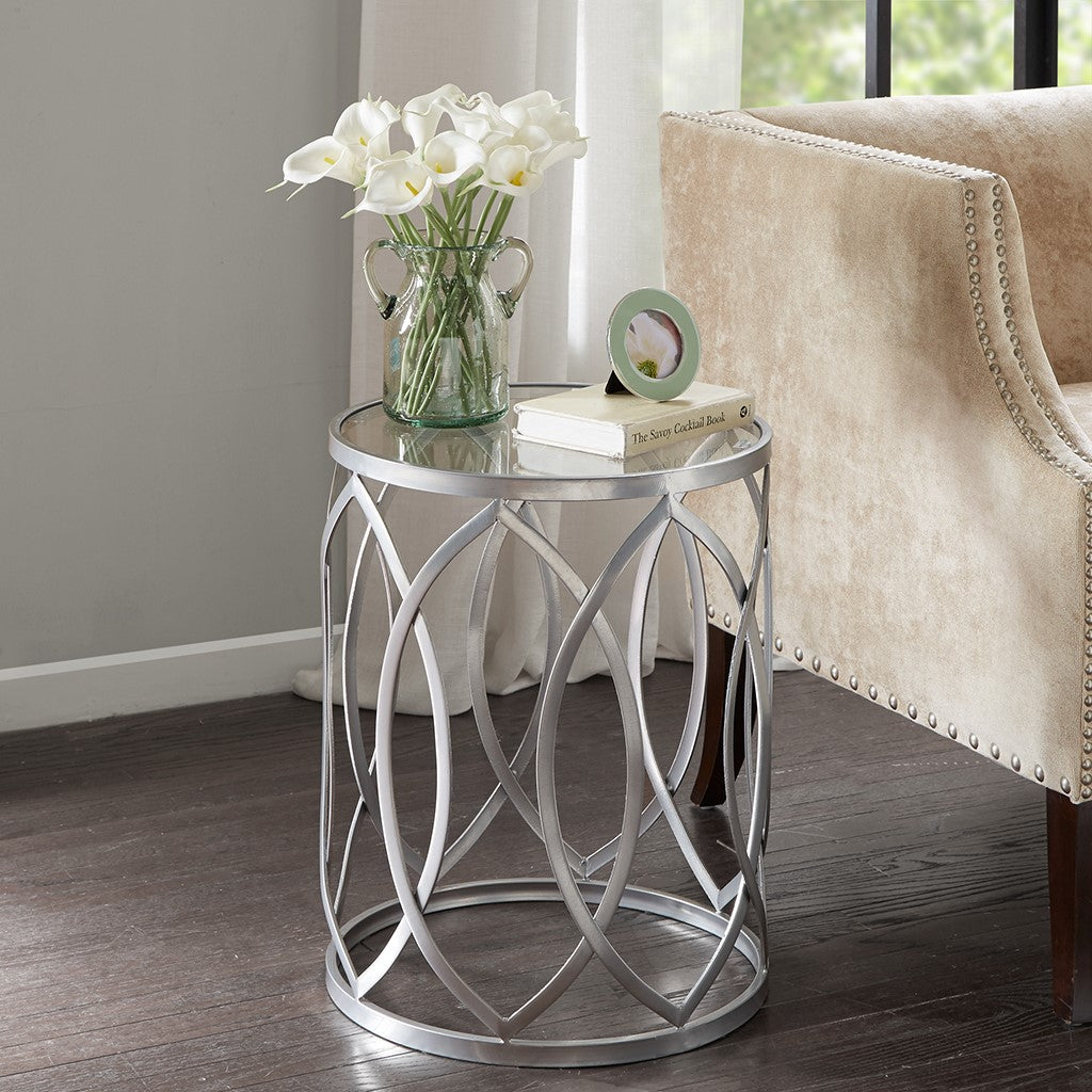 Glass Top Hollow Round Accent Table, Silver