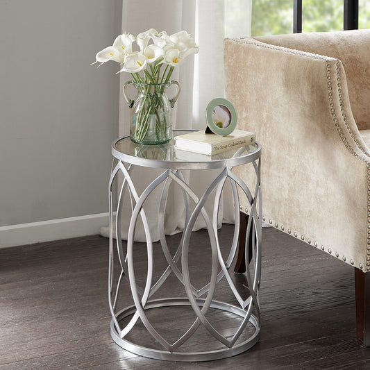 Glass Top Hollow Round Accent Table, Silver