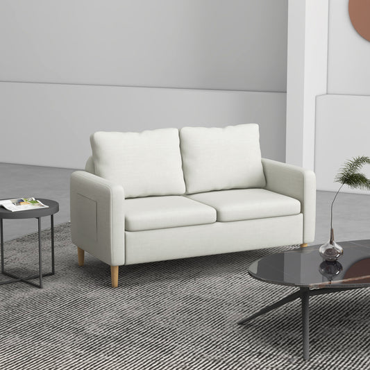 56" 2 Seat Sofa, Modern Love Seats , Upholstered  with Side Pockets, Solid Steel Frame, White