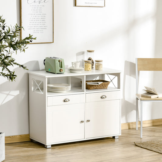 Sideboard Buffet Cabinet, Coffee Bar Cabinet, Kitchen Cabinet with Storage Drawers, Large Tabletop and Crossbar Side Design, White