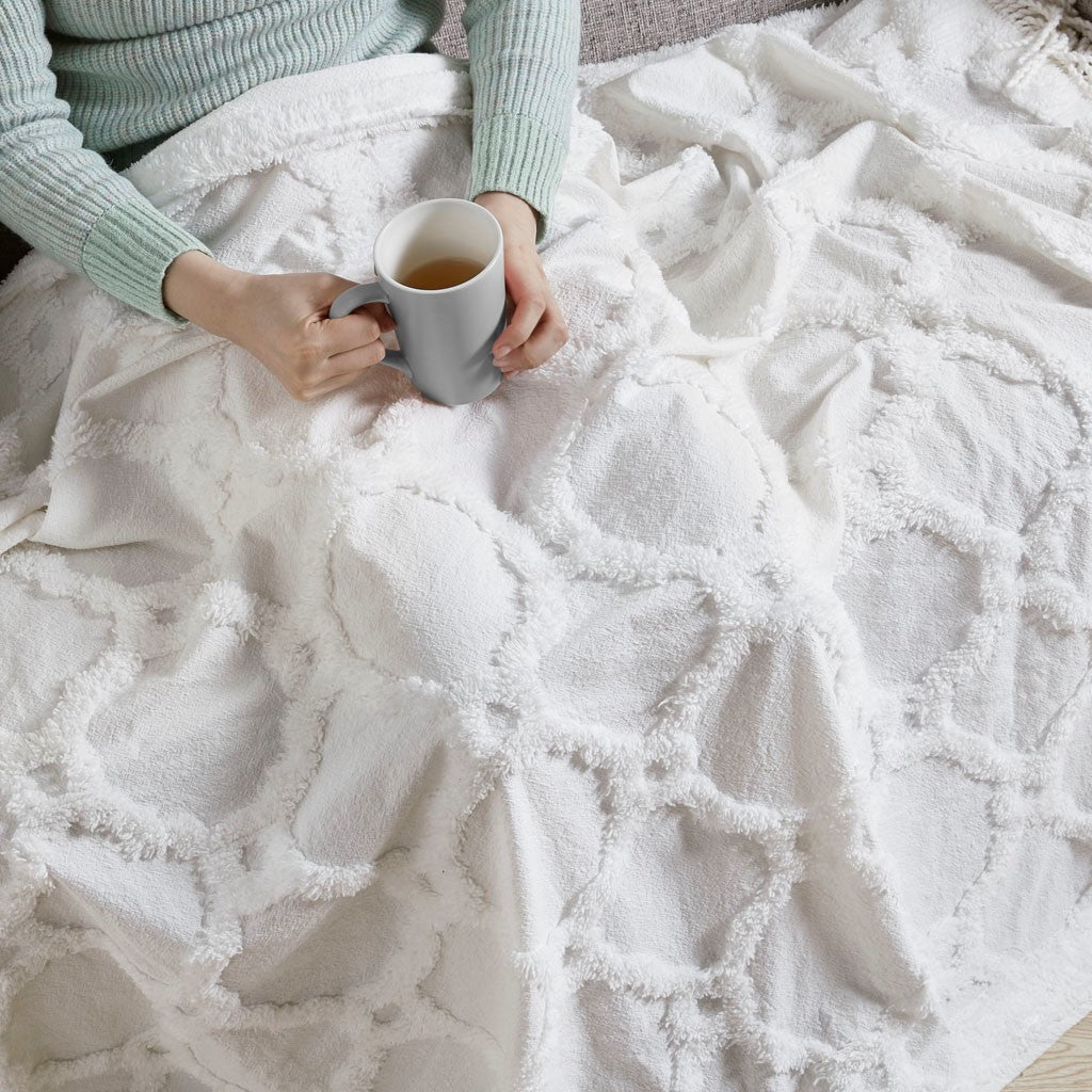 Fringed Tufted Throw Blanket, Moroccan Geometric, White