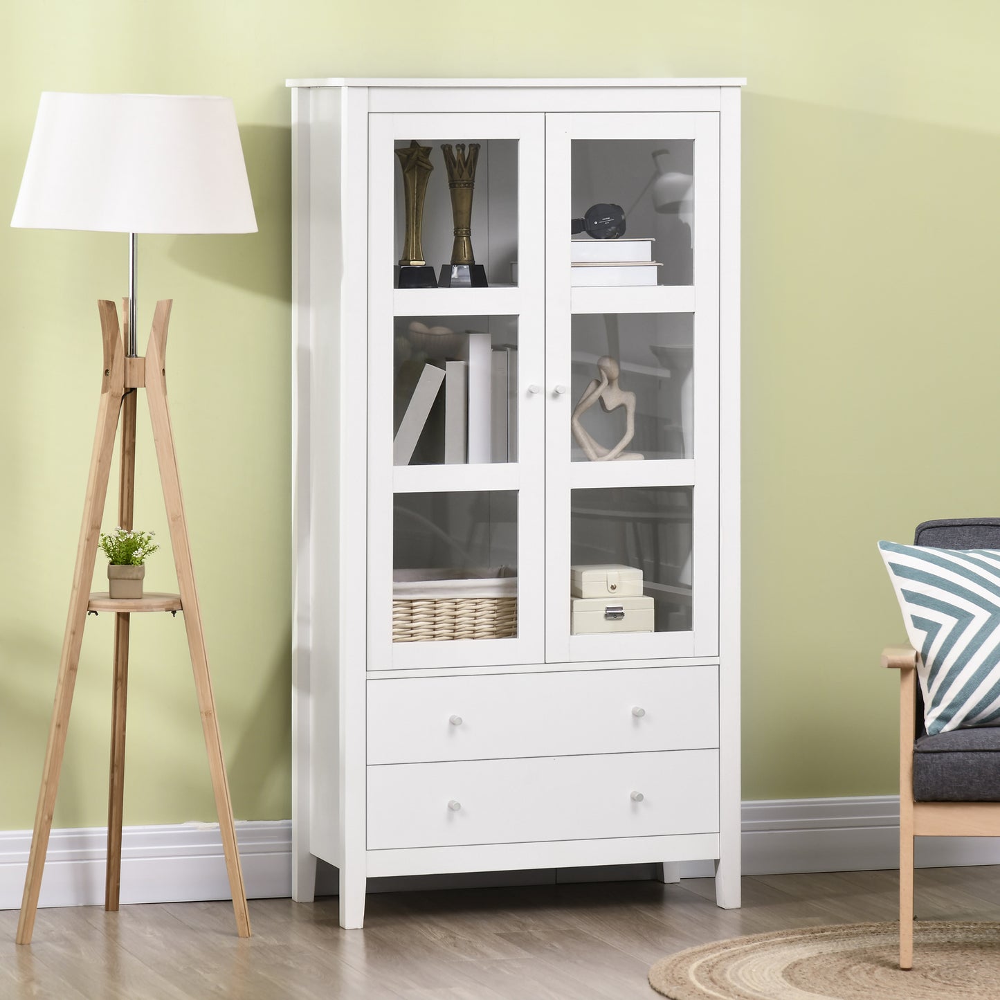 Kitchen Pantry Cabinet, Freestanding Storage Cabinet with 3-tier Shelves, 2 Drawers and Glass Doors, White