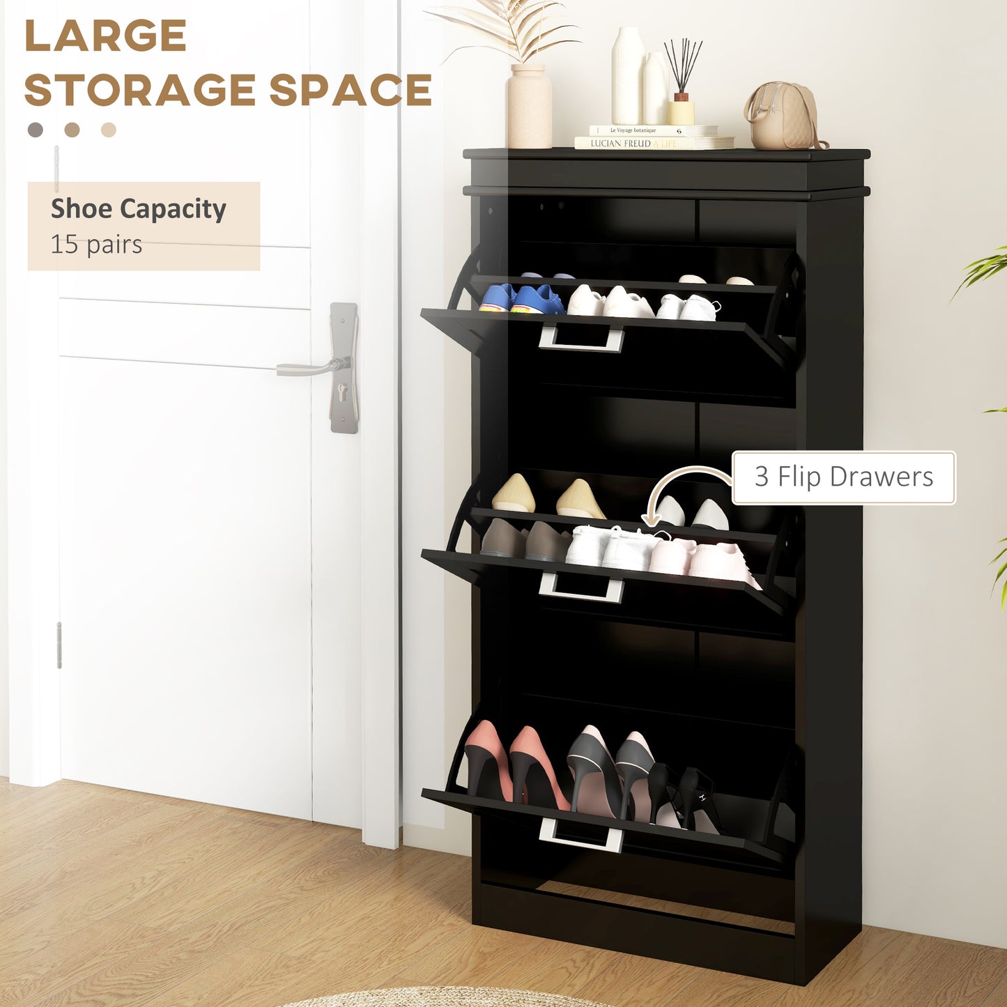 15 Pair Shoe Storage Cabinet with 3 Flip Drawers and Adjustable Shelves, Narrow, Black