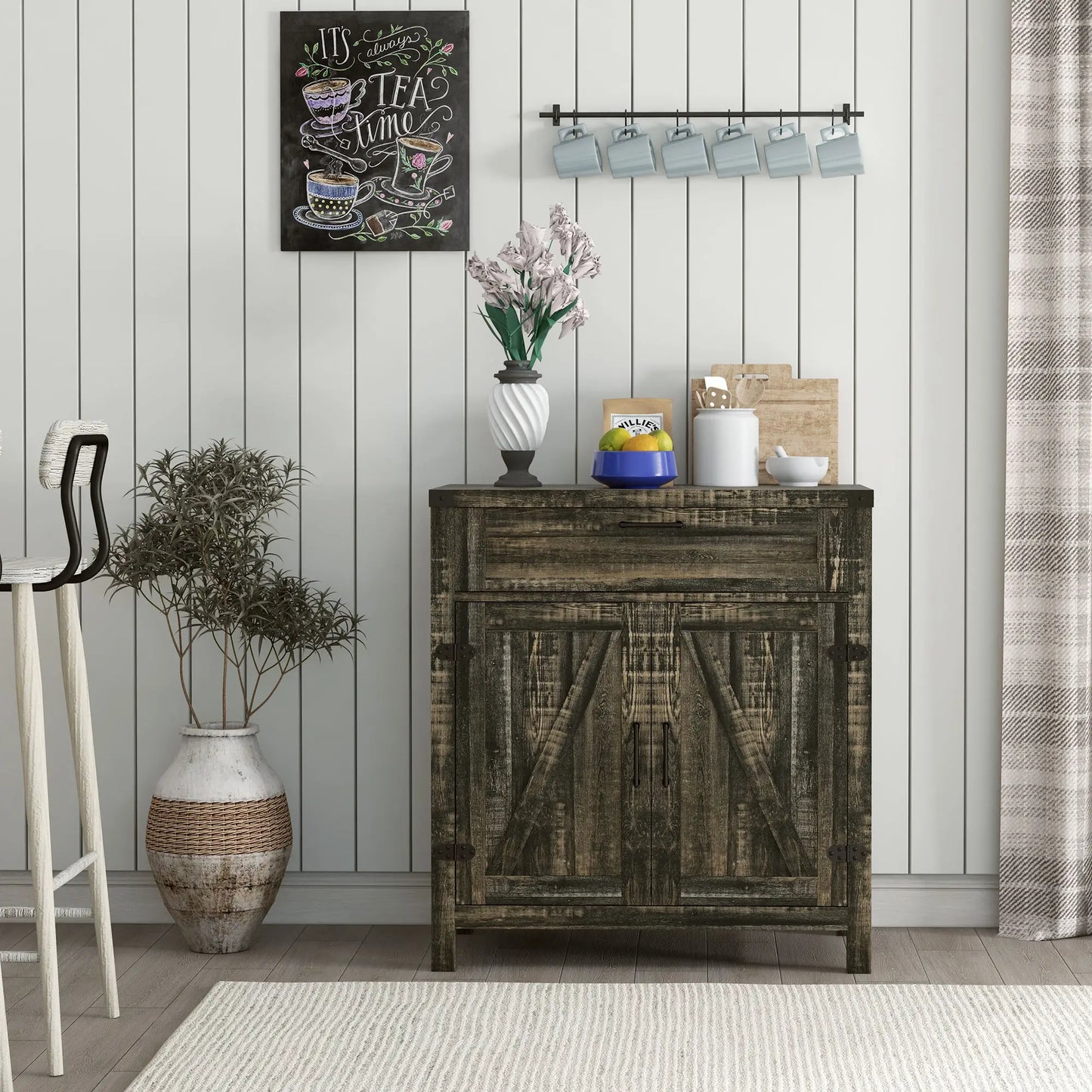 Farmhouse Kitchen Storage Cabinet or Entryway with 2 Rustic Barn Doors and Drawer, Dark Oak look