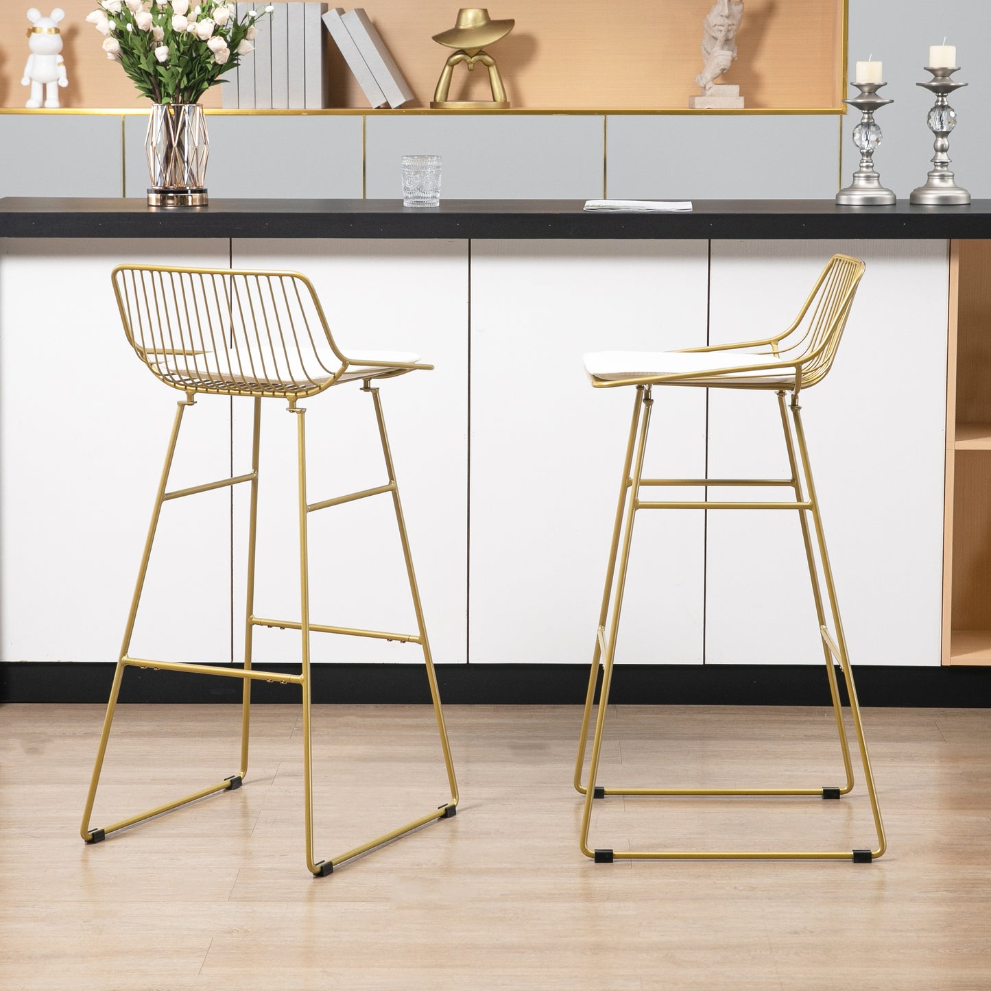 Bar Stools Set of 2, Metal Wire Bar Height Barstools, Bar Chairs for Kitchen with Removable Cushion, Back and Footrest, Gold