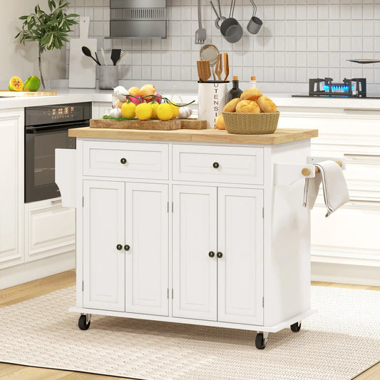 Kitchen Island with Storage, with Rubber Wood Top, Spice Rack, Towel Rack, White