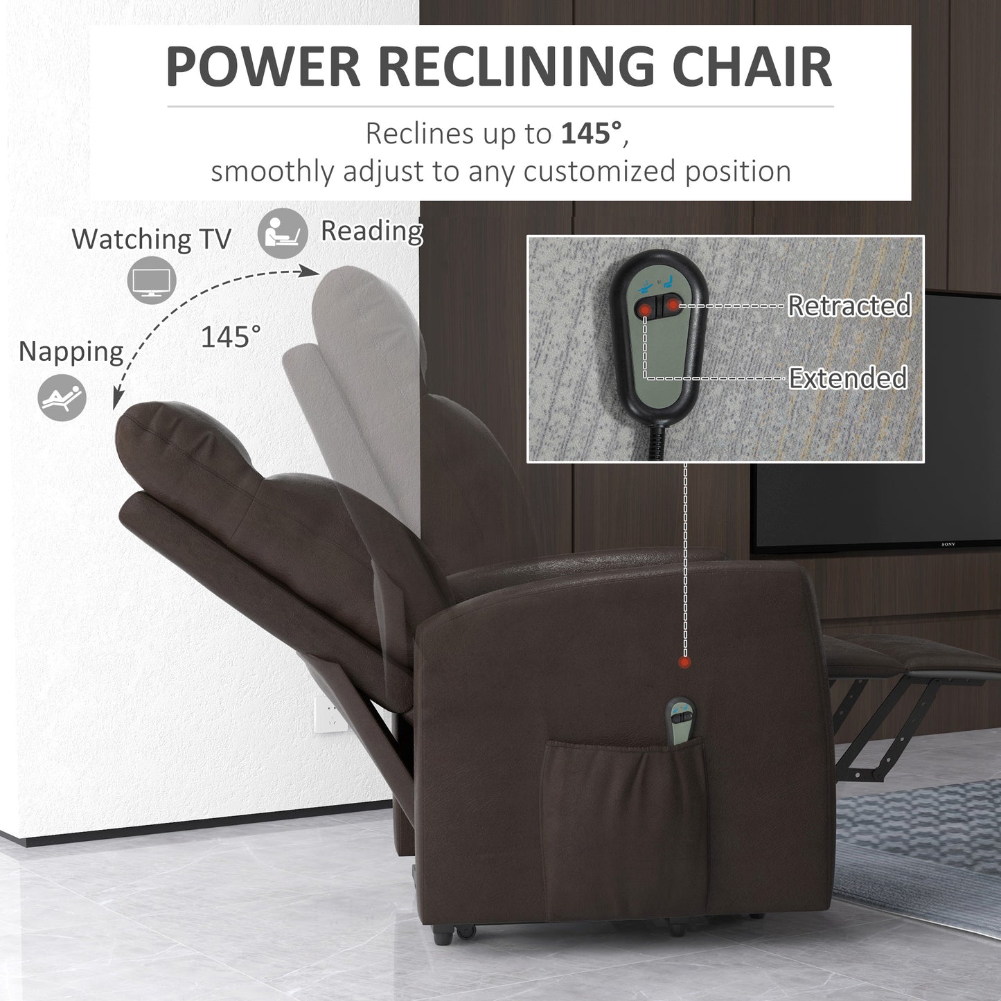 Power Lift Recliner Chair with Remote Control Side Pocket in Brown