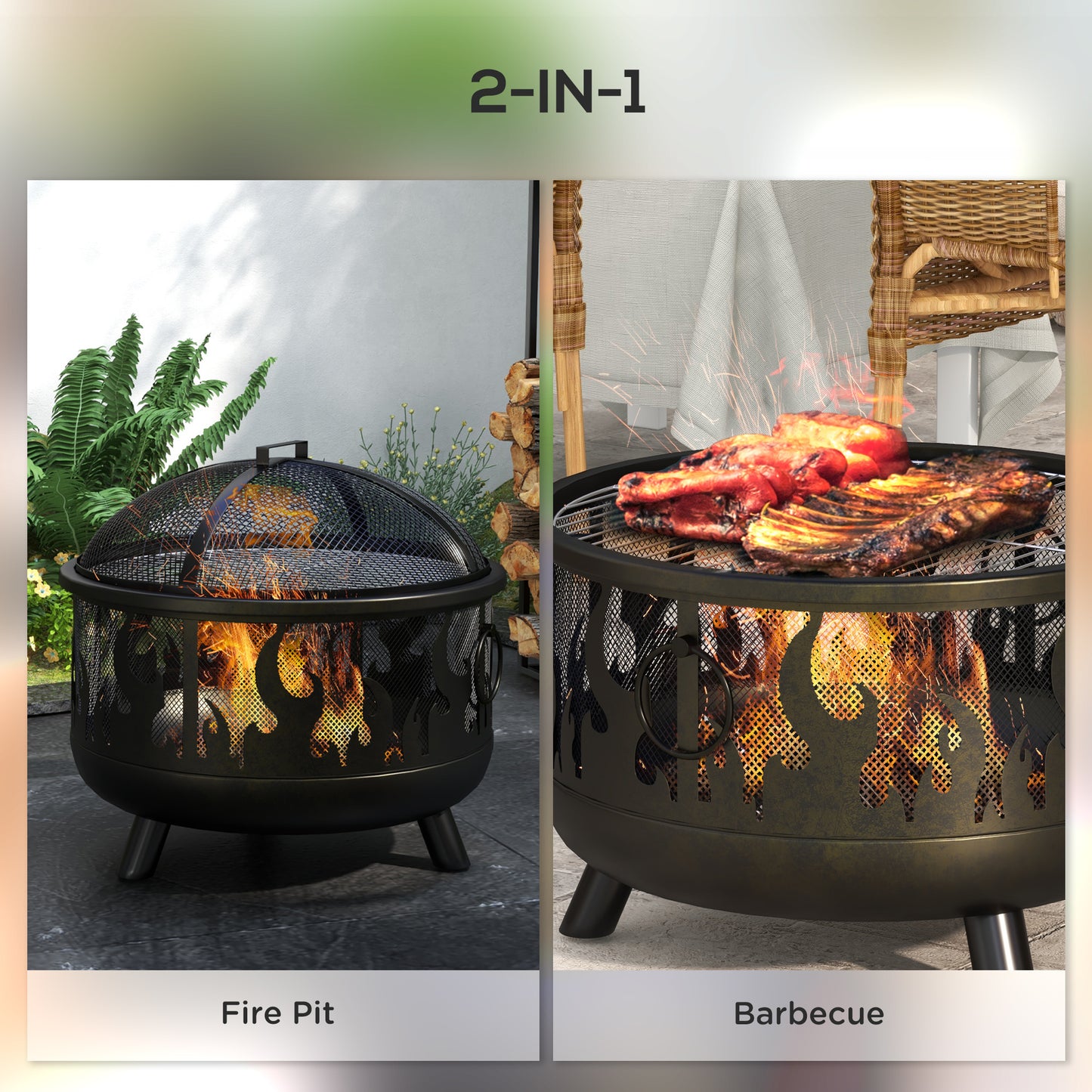 Outdoor Metal Fire Pit, 24" Round Firepit Bowl w/ Lid Grill Poker Handles for Garden, Camping, BBQ, Bonfire, Black