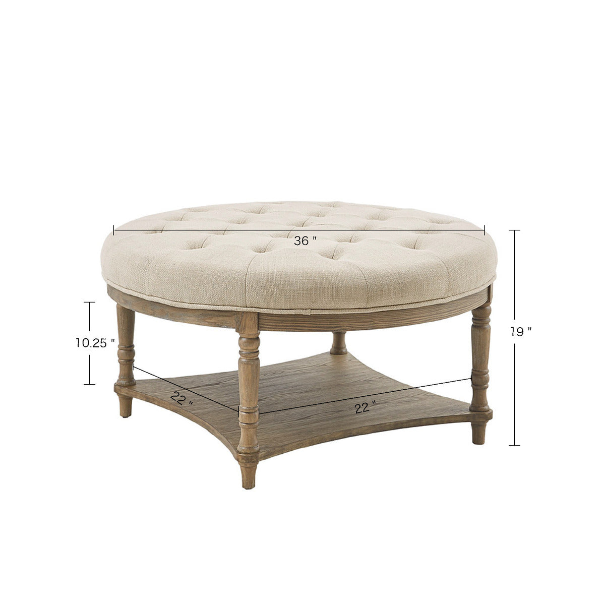 Country Style Round Ottoman with Bottom Shelf, Cream *