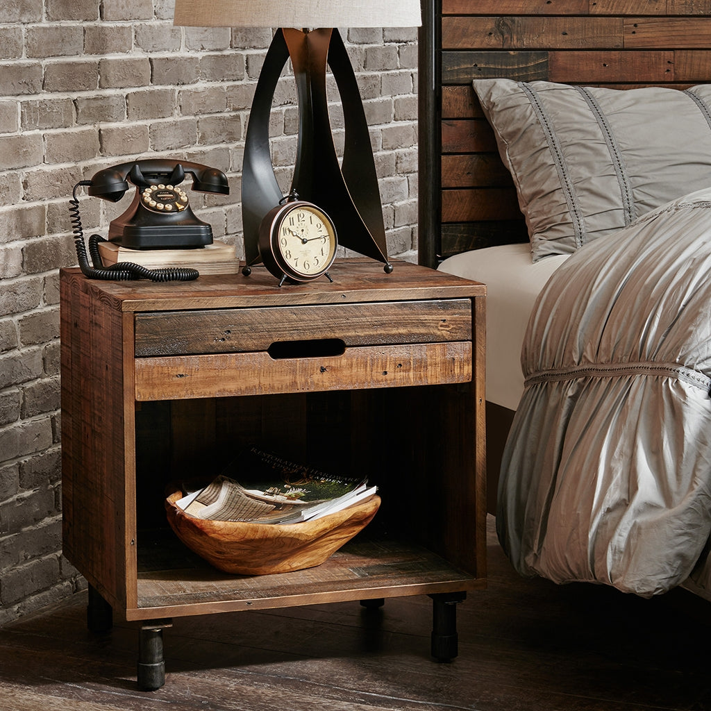 Industrial Wood Nighstand with Drawer and Storage, Dark