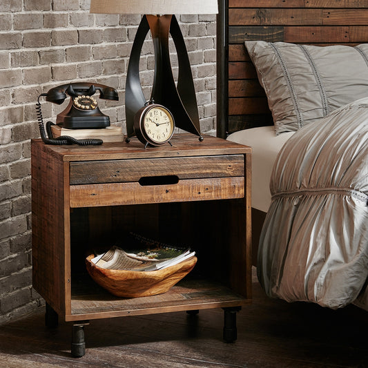 Industrial Wood Nighstand with Drawer and Storage, Dark