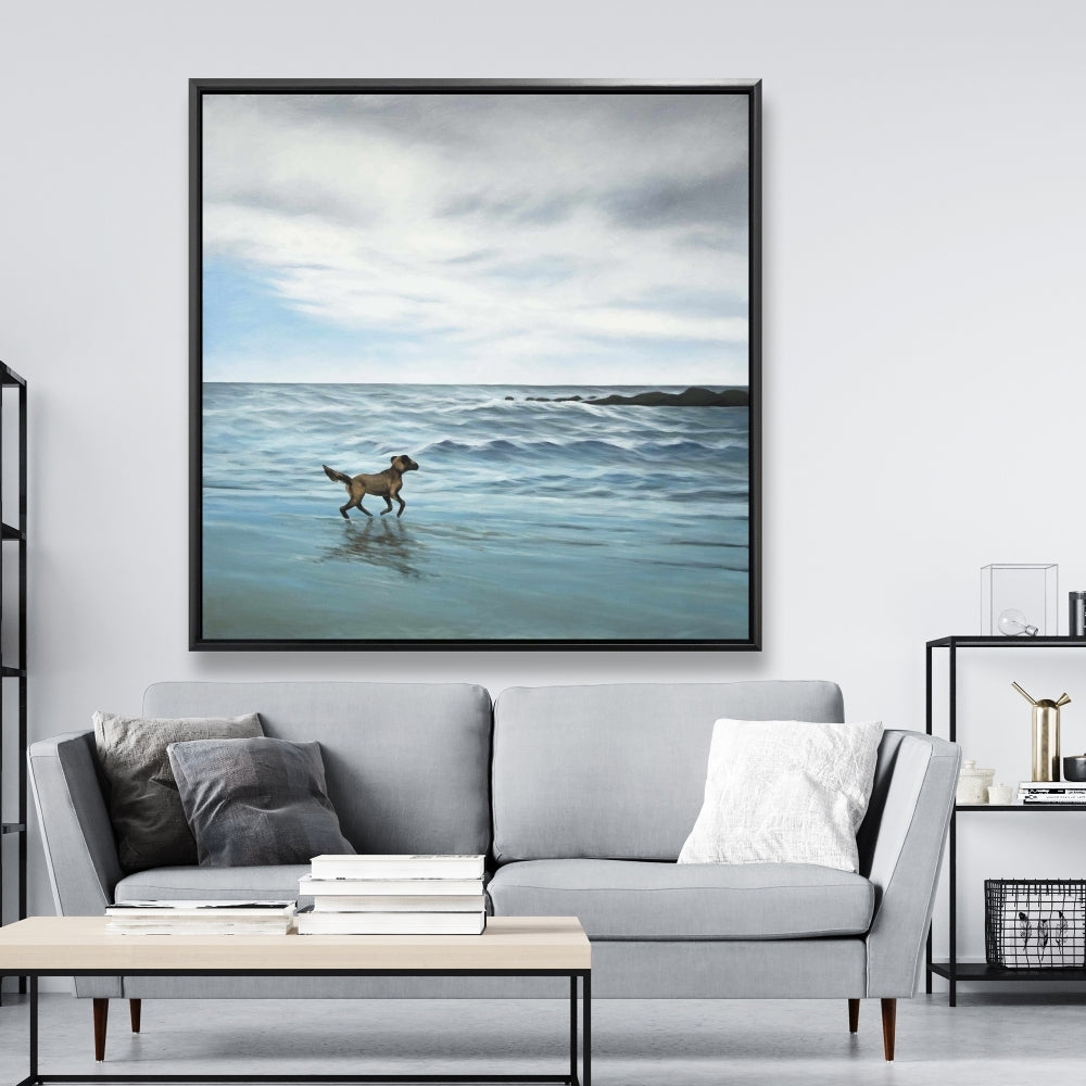 Dog On the Beach | Framed Print On Canvas 48" X 48"