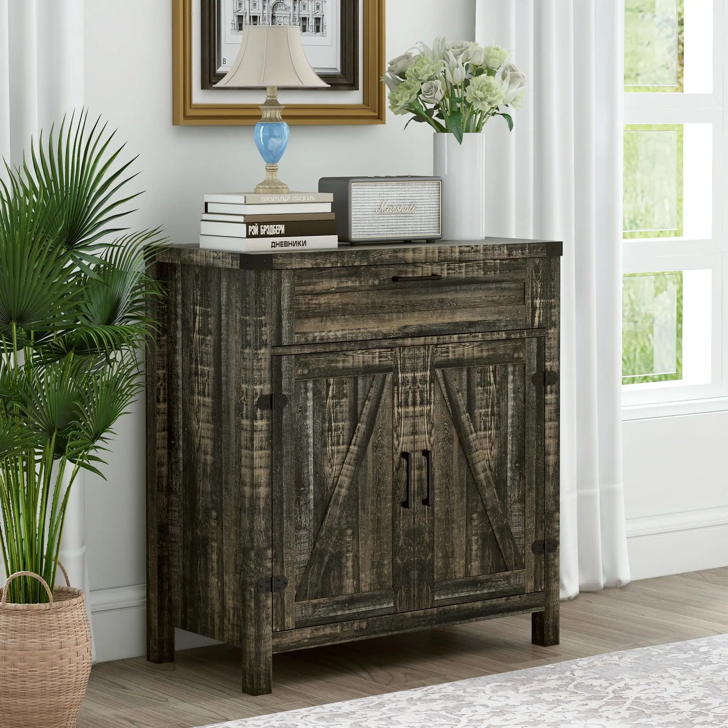 Farmhouse Kitchen Storage Cabinet or Entryway with 2 Rustic Barn Doors and Drawer, Dark Oak look