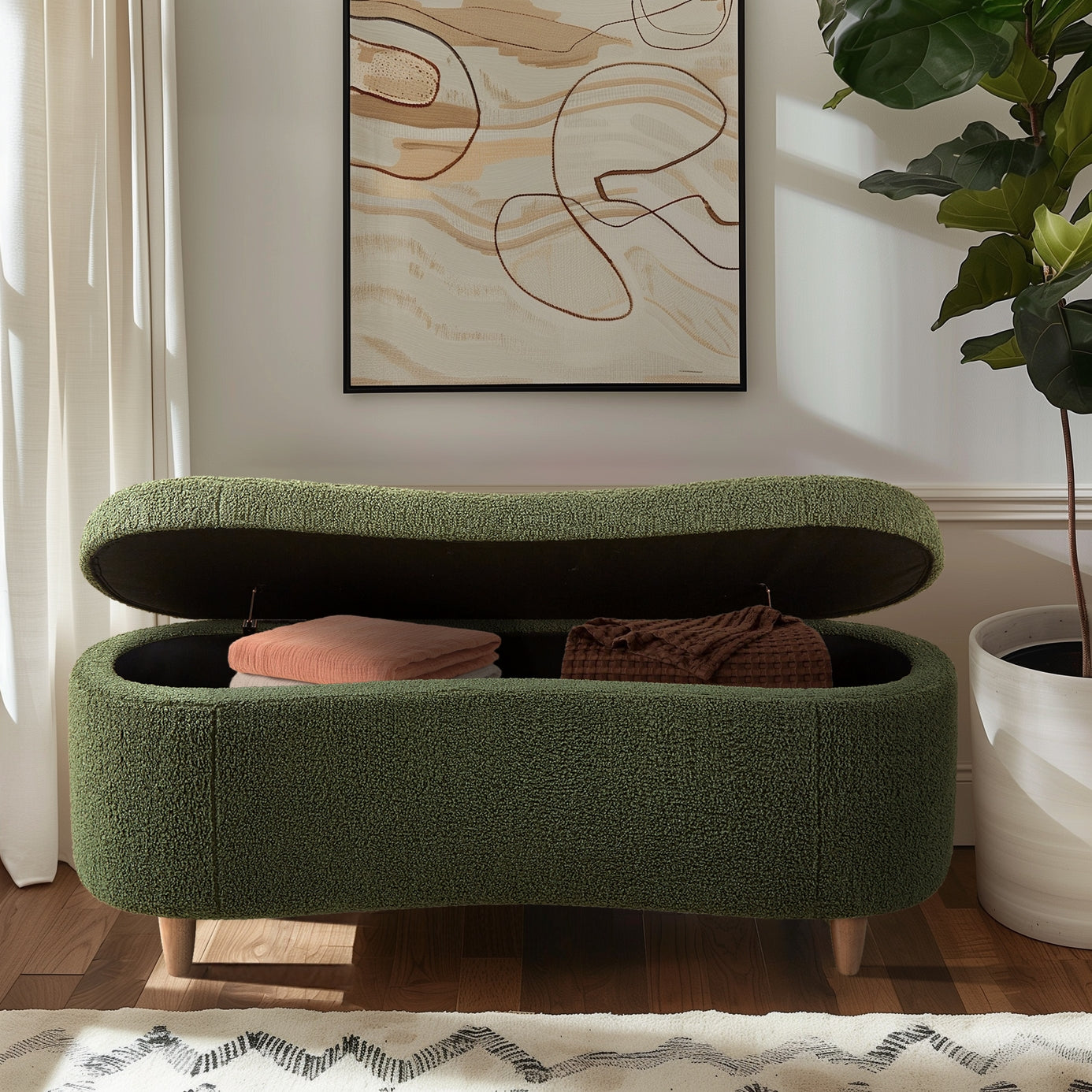 48"W Boucle Flip Top Storage Bench, Green